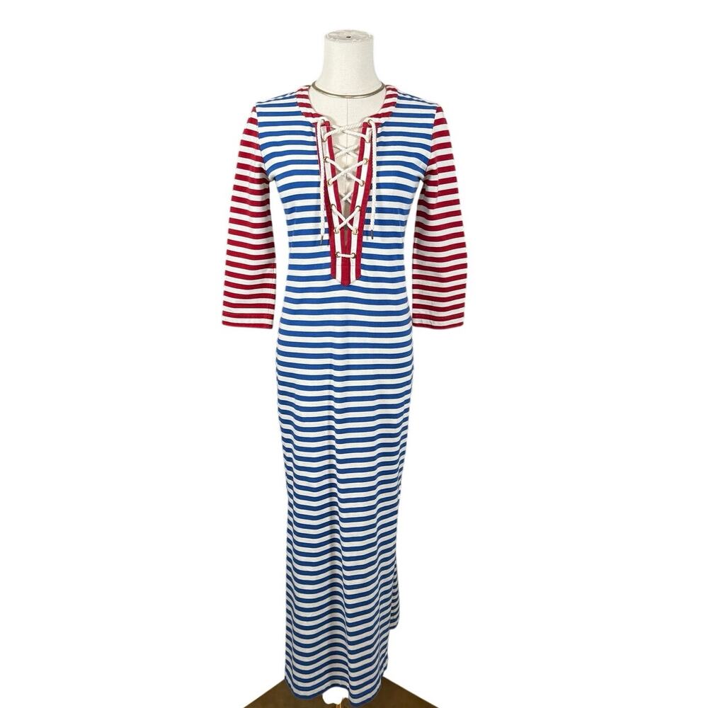 J.Crew Sammie Lace-Up Striped Maxi Dress Red White Blue XXS Cotton Coastal